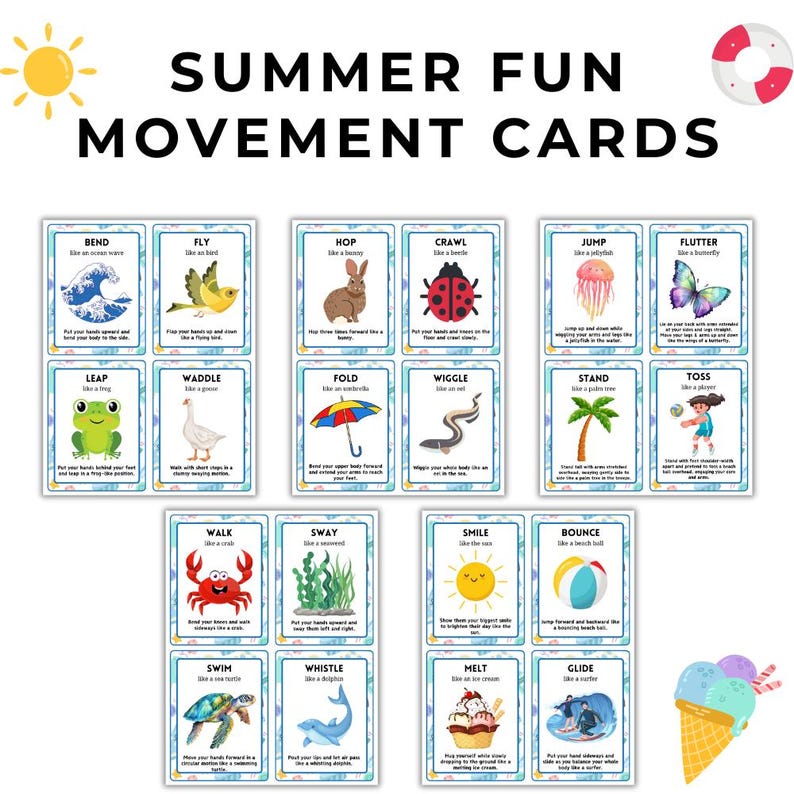 May include: A set of colorful Summer Fun Movement Cards with illustrations of various actions like bending, flying, and hopping. The cards feature images of a wave, bird, bunny, ladybug, jellyfish, and butterfly. The text "SUMMER FUN MOVEMENT CARDS" is at the top.