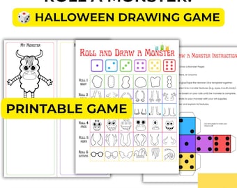 May include: A printable Halloween drawing game titled Roll a Monster featuring a grid of body parts, faces, horns, and accessories to draw based on dice rolls. Includes a My Monster drawing sheet, a dice template, and instruction page.