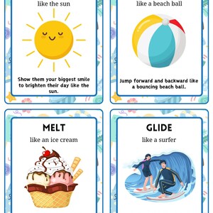 May include: Four illustrated cards with the words "SMILE", "BOUNCE", "MELT", and "GLIDE". Each card has a corresponding image and a short description. The "SMILE" card shows a smiling sun. The "BOUNCE" card shows a beach ball.