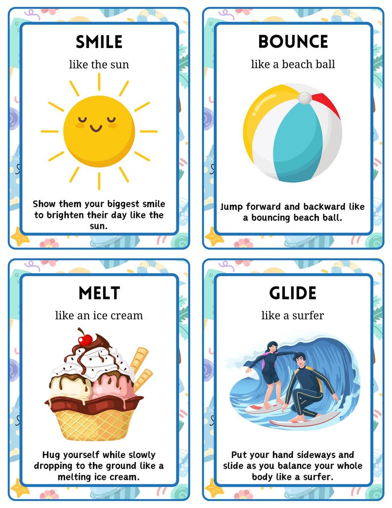 May include: Four illustrated cards with the words "SMILE", "BOUNCE", "MELT", and "GLIDE". Each card has a corresponding image and a short description. The "SMILE" card shows a smiling sun. The "BOUNCE" card shows a beach ball.