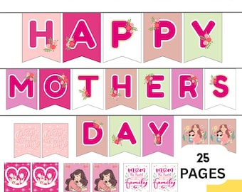 Happy Mother’s Day Banner Printable | Floral Mother’s Day Decor | Pink Banner Garland | Classroom Mother’s Day Decoration | Party Banner PDF