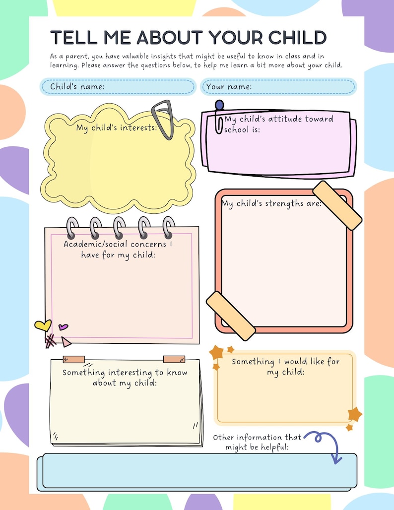 Child Information Sheet | Back to School Parent Questionnaire (digital ...