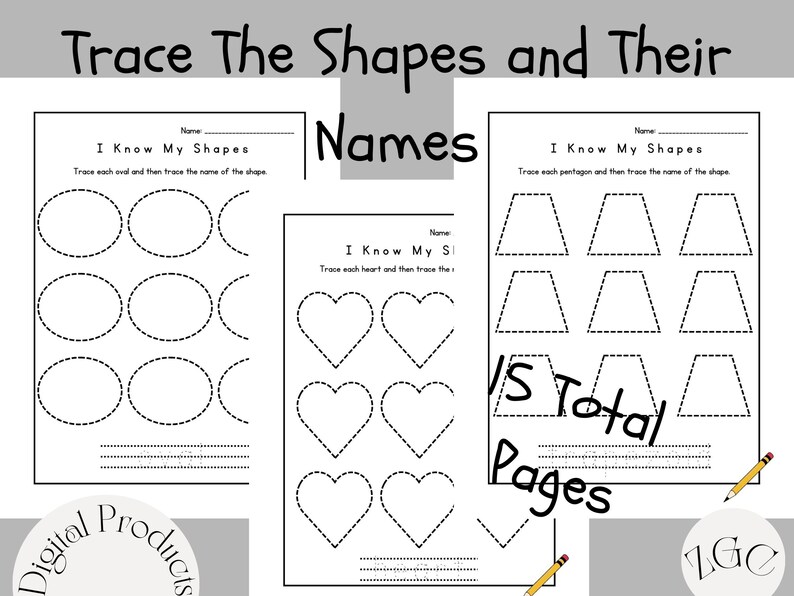 Trace the Shapes Worksheets, 12 Basic Shapes Tracing, Early Learner