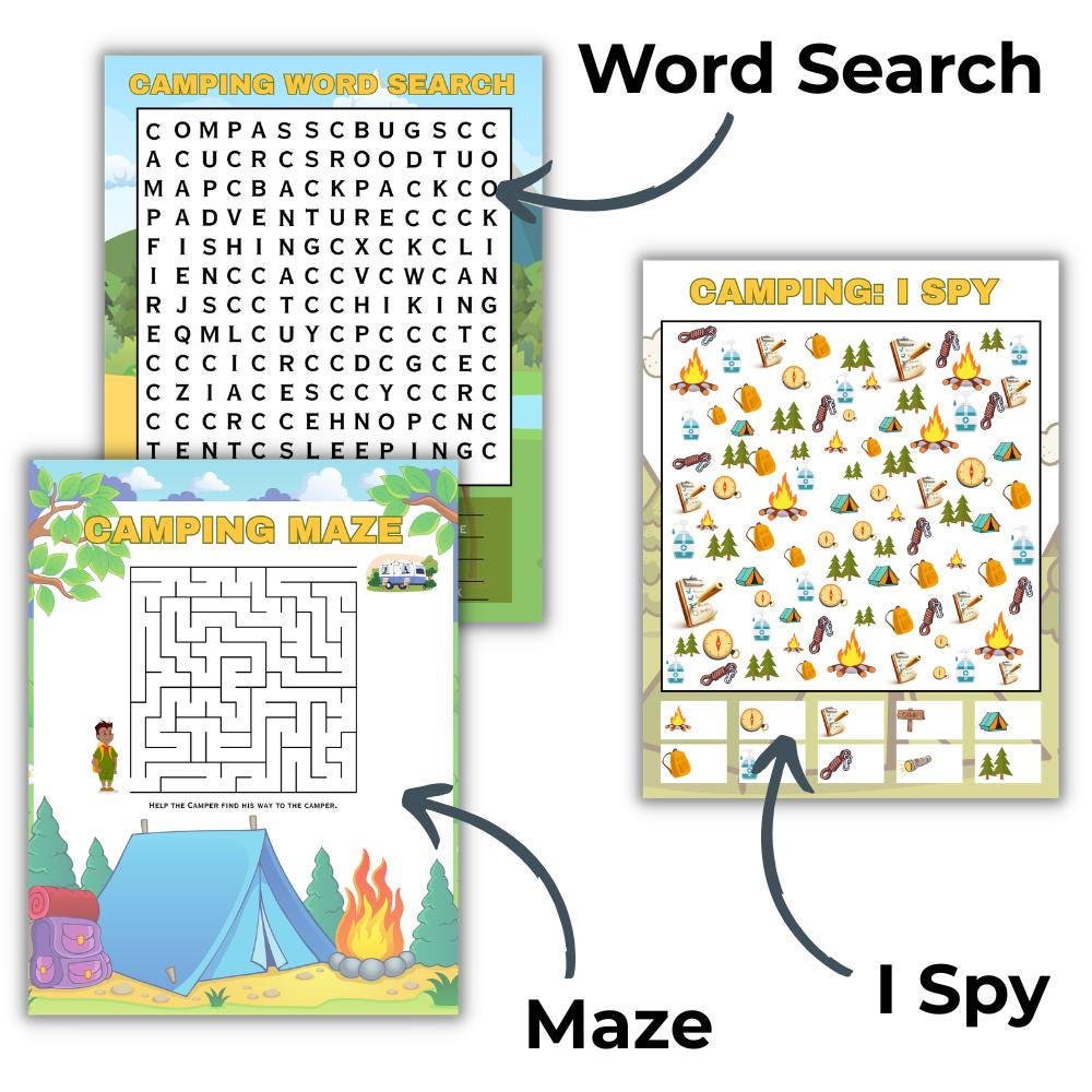 Camping Activity Pack Printable, Kids Camping Games, I Spy Maze & Word ...