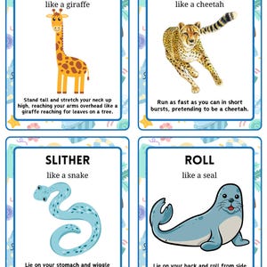 May include: Four illustrated cards with animal-themed exercise instructions. The cards feature a giraffe, cheetah, snake, and seal, with text instructions for each exercise: Reach, Sprint, Slither, and Roll. Each card has a blue border and decorative elements.