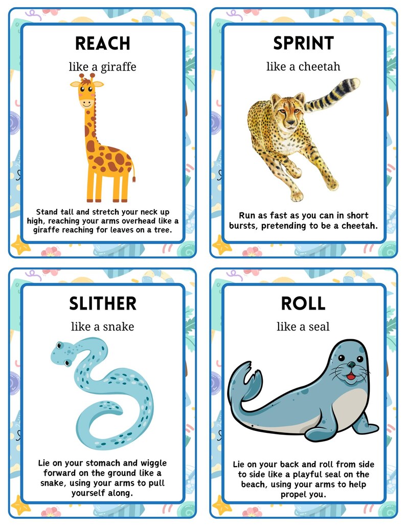 May include: Four illustrated cards with animal-themed exercise instructions. The cards feature a giraffe, cheetah, snake, and seal, with text instructions for each exercise: Reach, Sprint, Slither, and Roll. Each card has a blue border and decorative elements.