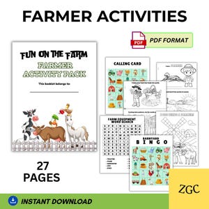 May include: A collection of printable farmer activity pages, including a word search, bingo, and coloring pages. The cover of the activity pack features farm animals. The text "FARMER ACTIVITIES" and "FUN ON THE FARM" are displayed at the top.