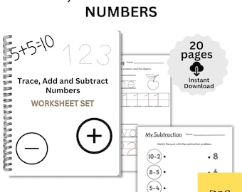Primary Addition & Subtraction Worksheets | Kindergarten Math Printable | Number Tracing | Pre-K Math Digital Download