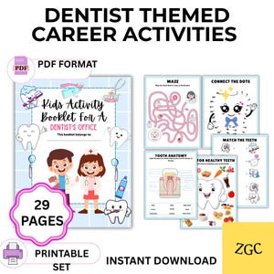 Può includere: Un set di attività stampabili a tema dentista per bambini. Il set include un libretto di 29 pagine, labirinti, unisci i puntini ed esercizi di anatomia dentale. La copertina presenta dentisti e denti dei cartoni animati. È visibile anche la scritta "Download istantaneo".
