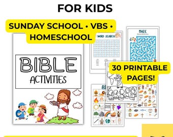 Puede incluir: Un libro de actividades bíblicas para niños con 30 páginas imprimibles que incluyen rompecabezas, juegos y dibujos para colorear. La portada muestra el texto BIBLE ACTIVITIES y una ilustración de un personaje con niños.