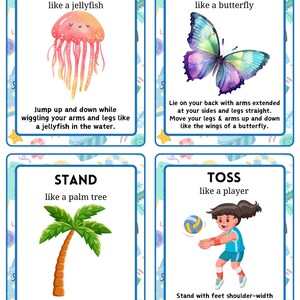 May include: Four illustrated cards with exercise instructions. The cards feature a jellyfish, butterfly, palm tree, and a volleyball player. Each card has a title and a short description of the exercise, such as "Jump like a jellyfish."