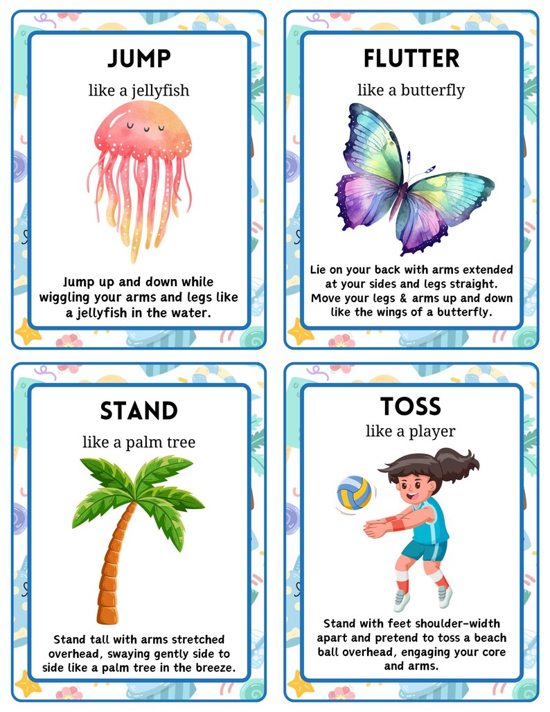 May include: Four illustrated cards with exercise instructions. The cards feature a jellyfish, butterfly, palm tree, and a volleyball player. Each card has a title and a short description of the exercise, such as "Jump like a jellyfish."