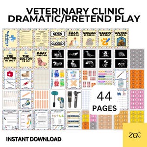 May include: A printable set of 44 pages for pretend play, featuring a veterinary clinic theme. The pages include signs for different rooms, x-ray images, medical supplies, and other props. The text "INSTANT DOWNLOAD" is at the bottom of the image.