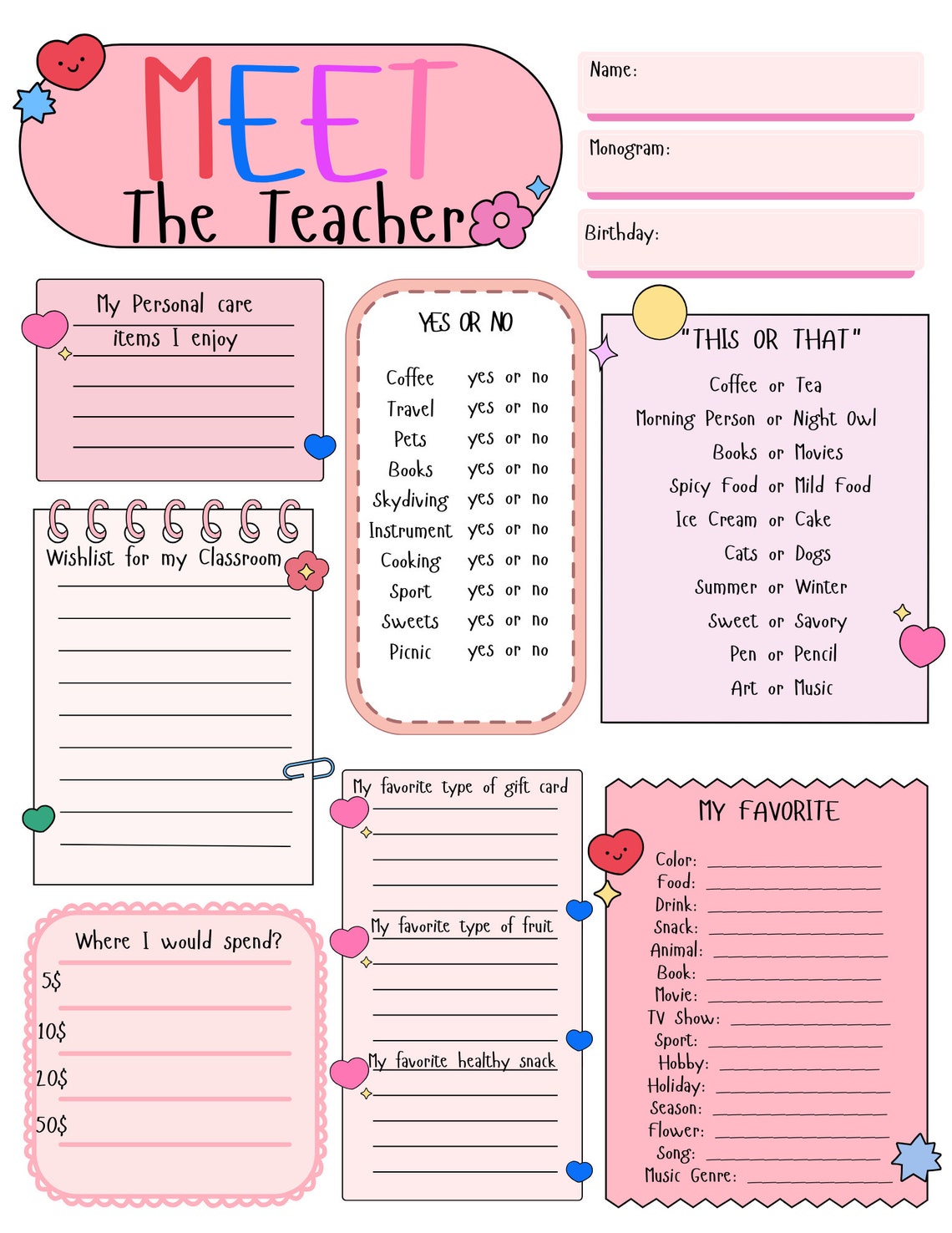 Get to Know the Teacher Questionnaire, Two Meet the Teacher Templates ...