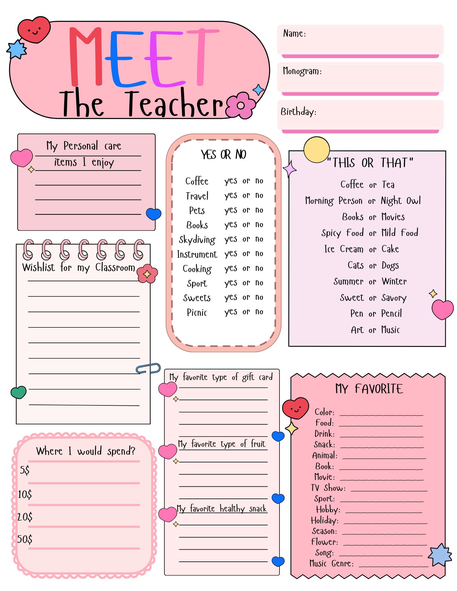 Get to Know the Teacher Questionnaire, Two Meet the Teacher Templates ...