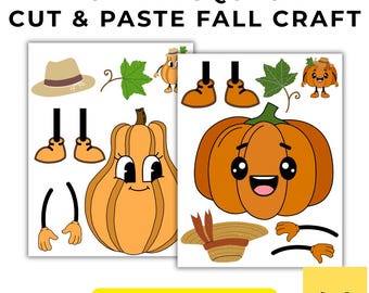 May include: A Build a Squash Cut & Paste Fall Craft printable PDF featuring two sheets with cartoon pumpkin illustrations, hats, arms, legs, and green leaves. The graphics include a tall light orange squash and a round orange pumpkin with faces.