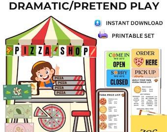 Op de afbeelding: Een kleurrijke pizza shop speelset met een gestreepte luifel, een kinderpersonage, pizzapunten, speelgeld en een pizzaprijslijst. De set bevat borden met de tekst "Open" en "Gesloten".