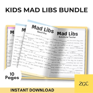 May include: A bundle of Mad Libs books for kids, featuring fill-in-the-blank stories. The cover of the books shows the title "Mad Libs" and the theme of the story. The bundle includes 10 pages and is available for instant download.