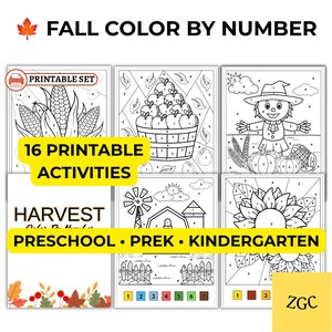 May include: A set of 16 printable autumn colour by number activity sheets featuring black and white line art of corn, apples, a scarecrow, a windmill, and sunflowers. Each page includes numbered sections for colouring and a colour key at the bottom.