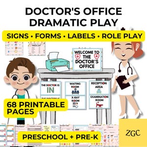 May include: A digital set of 68 printable pages for a doctor's office dramatic play activity. Includes signs, forms, and labels with text such as Welcome to the Doctor's Office, Waiting Room, Reception Area, and Examination Room, featuring illustrations.