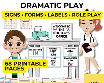 May include: A digital set of 68 printable pages for a doctor's office dramatic play activity. Includes signs, forms, and labels with text such as Welcome to the Doctor's Office, Waiting Room, Reception Area, and Examination Room, featuring illustrations.