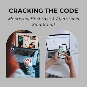 Może przedstawiać: Dwie osoby pracują przy swoich laptopach i telefonach. Jedna osoba używa laptopa z jasnym ekranem, na którym wyświetlana jest siatka obrazów. Druga osoba używa telefonu z podobną siatką obrazów. Tekst na obrazie brzmi "Cracking the Code: Mastering Hashtags & Algorithms Simplified!"