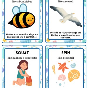 May include: Four illustrated flashcards with a beach theme. The cards feature a bumblebee, a seagull, a child building a sandcastle, and seashells. Each card has a word and instructions for a related activity.