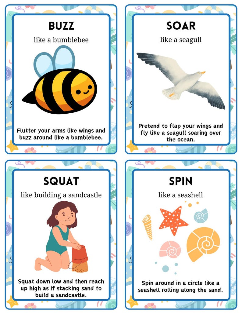May include: Four illustrated flashcards with a beach theme. The cards feature a bumblebee, a seagull, a child building a sandcastle, and seashells. Each card has a word and instructions for a related activity.