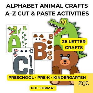 以下が含まれることがあります： PDF形式のアルファベット動物クラフトA-Z切り貼りアクティビティ。未就学児および幼稚園向けの26種類の文字クラフトセット。画像には、緑色のワニが付いた文字A、茶色のクマが付いた文字B、猫が付いた文字Cが示されています。