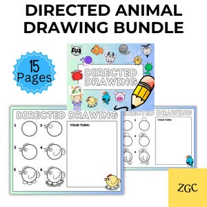 May include: A set of 15 printable worksheets for directed drawing. The worksheets feature a variety of animals, including a chick, a pig, a snail, and a fish. The worksheets are designed to help children learn to draw by following step-by-step instructions. The text on the worksheets reads "Directed Drawing".
