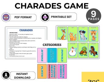 Op de afbeelding: Een printbaar charadespel voor kinderen met instructies, categoriekaarten en dierenkaarten. Het spel bevat categorieën zoals acties, dieren en plaatsen. Het spel is beschikbaar in PDF-formaat en bevat 9 pagina's.