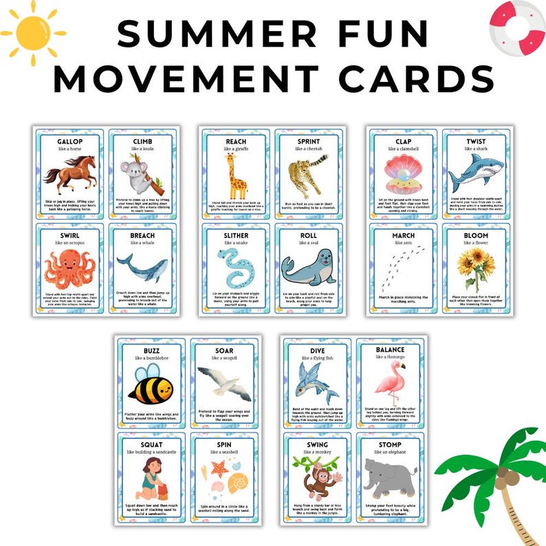 May include: A set of colorful movement cards with the text "SUMMER FUN MOVEMENT CARDS". Each card features an illustration and instructions for a specific movement, such as "Gallop like a horse" or "Climb like a koala".