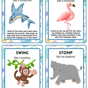 May include: Four illustrated cards with instructions for physical activities. The cards feature a blue flying fish, a pink flamingo, a brown monkey, and a gray elephant. Each card has a title and a short description of the activity.