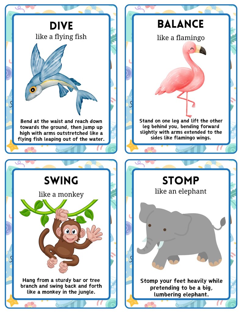 May include: Four illustrated cards with instructions for physical activities. The cards feature a blue flying fish, a pink flamingo, a brown monkey, and a gray elephant. Each card has a title and a short description of the activity.