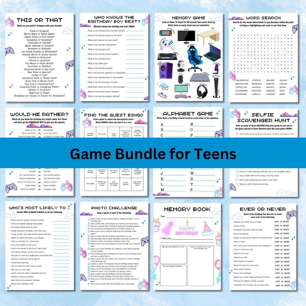 Printable Games for Teenage Boys' Birthday Party, Fun Challenges, Teen