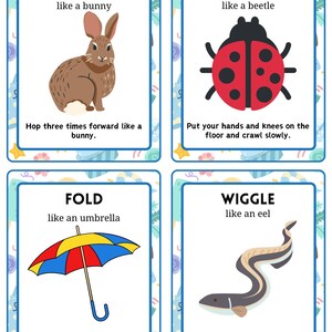 May include: Four educational flashcards with illustrations and instructions for physical activities. The cards feature a brown bunny, a red ladybug, a colorful umbrella, and a gray eel. Each card has a title and a short description.