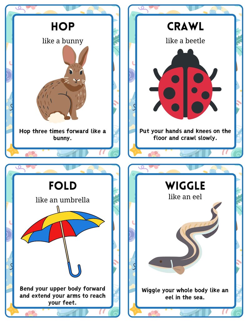 May include: Four educational flashcards with illustrations and instructions for physical activities. The cards feature a brown bunny, a red ladybug, a colorful umbrella, and a gray eel. Each card has a title and a short description.