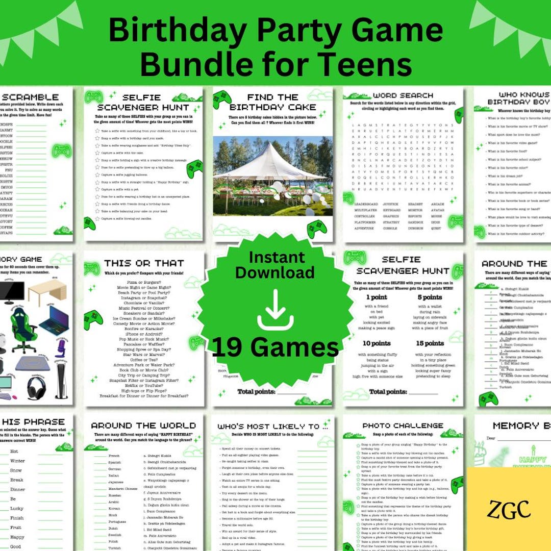 Printable Games for Teenage Boys' Birthday Party, Fun Challenges, Teen