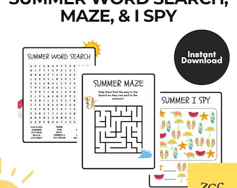 Summer Worksheets for Kids | Printable Activities Pack | Word Search, I Spy & Maze | Preschool Summer Activity PDF