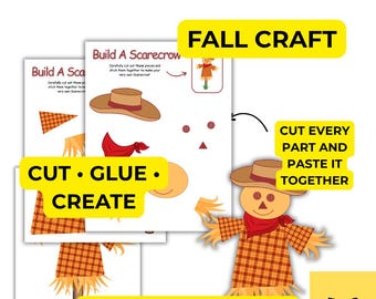 May include: A printable Build A Scarecrow activity sheet featuring cut-out components including a brown hat, red bandana, orange face, and plaid shirt. The graphic includes text instructions to cut, glue, and create a scarecrow figure.
