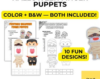 May include: Printable Halloween finger puppets featuring 10 designs in color and black and white. The sheets include instructions, materials needed, and illustrations of a mummy and a vampire. Text reads: HALLOWEEN FINGER PUPPETS, COLOR + B&W — BOTH INCLUDED!, 10 FUN DESIGNS!, COLOR · CUT · FOLD · PLAY, and ZGC.