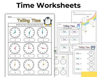May include: Five printable worksheets for teaching children how to tell time. The worksheets feature analog clocks with different times and a penguin, a bear, and a koala. The text on the worksheets says "Telling Time".