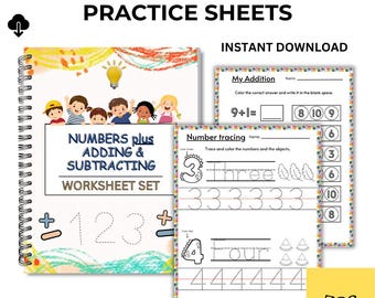 Primary Addition & Subtraction Worksheets | Kindergarten Math Printable | Number Tracing | Pre-K Math Digital Download