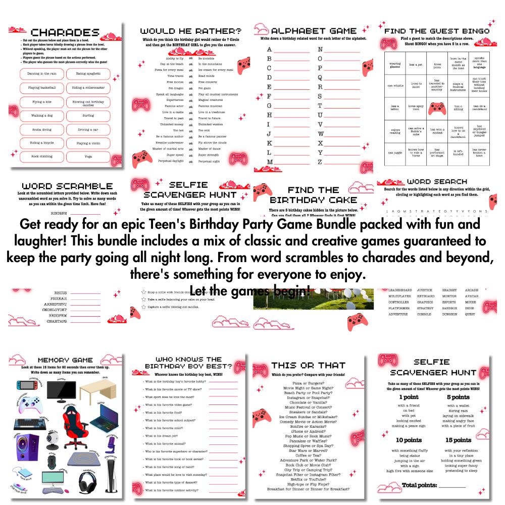 Teen Birthday Party Games Bundle, 19 Printable Games, Instant Download