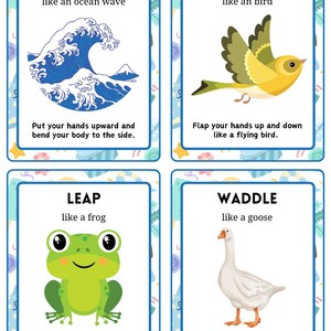 May include: Four educational cards with illustrations and instructions for physical activities. The cards include "Bend like an ocean wave," "Fly like a bird," "Leap like a frog," and "Waddle like a goose." Each card has a blue border and decorative elements.
