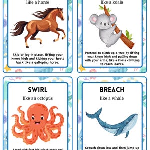 May include: Four illustrated flashcards with the words "GALLOP," "CLIMB," "SWIRL," and "BREACH." Each card features an animal and a corresponding action. The "GALLOP" card shows a horse, the "CLIMB" card shows a koala, the "SWIRL" card shows an octopus, and the "BREACH" card shows a whale.
