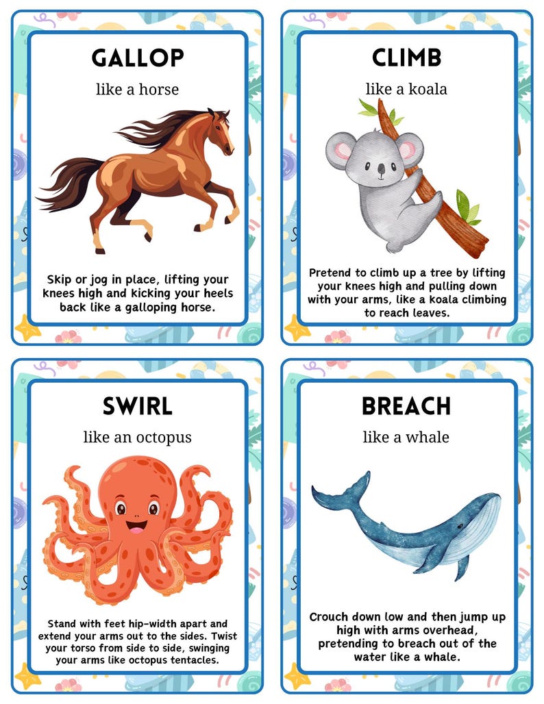 May include: Four illustrated flashcards with the words "GALLOP," "CLIMB," "SWIRL," and "BREACH." Each card features an animal and a corresponding action. The "GALLOP" card shows a horse, the "CLIMB" card shows a koala, the "SWIRL" card shows an octopus, and the "BREACH" card shows a whale.