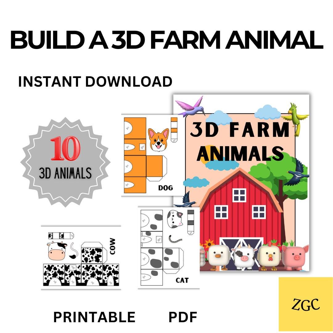3D Farm Animal Craft Kit | 10 Printable Cut and Paste Animals (PDF) - Etsy