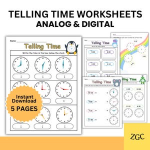May include: Educational worksheets for learning to tell time, featuring analog and digital clocks. The worksheets include clock faces with hands and spaces to write the time. The text reads "Telling Time Worksheets Analog & Digital" and "Instant Download 5 Pages."