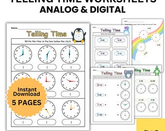 May include: Educational worksheets for learning to tell time, featuring analog and digital clocks. The worksheets include clock faces with hands and spaces to write the time. The text reads "Telling Time Worksheets Analog & Digital" and "Instant Download 5 Pages."